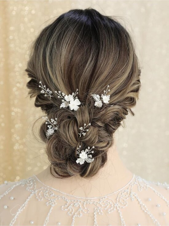 Women\'s Silver 6 Pieces Handmade Gold Leaf Pearls Flower Bridal Hair Bridesmaid main image 6